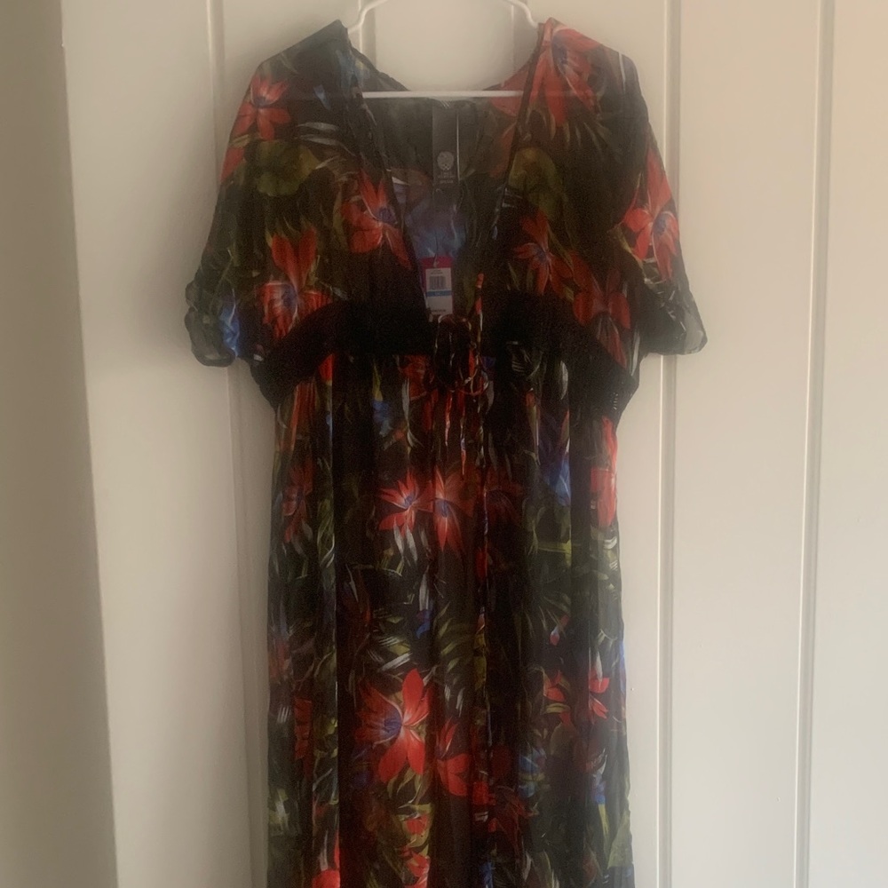 Floral V-Neck Maxi Cover-up in Black with Red & Blue Blooms